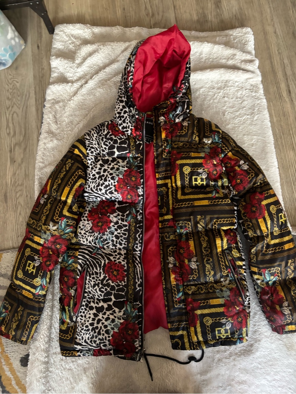 Reason Kids Floral & Animal Print Puffer Jacket in Red, Black, White